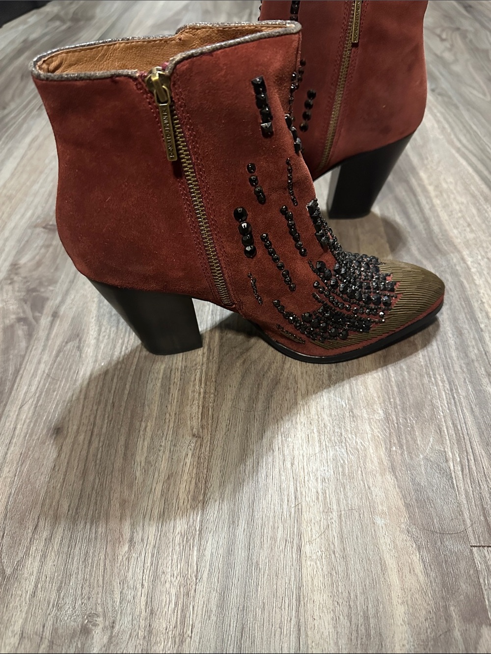 Donald J. Pliner Rust Suede Embellished Ankle Boots with Gold Toe - Picture 3 of 12